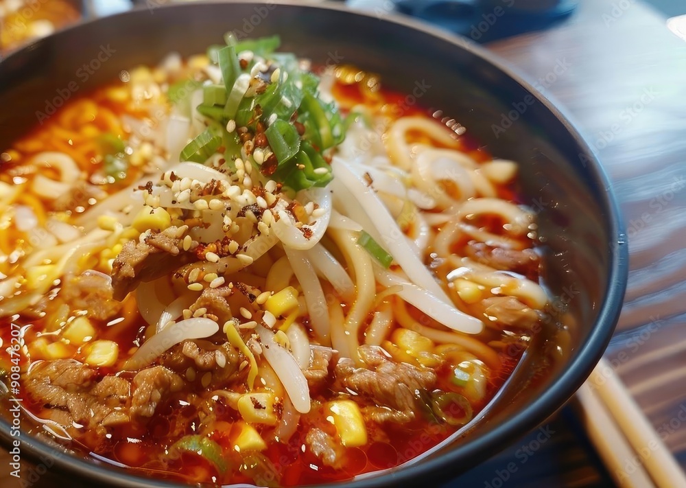 A delicious bowl of spicy noodle soup topped with fresh vegetables and aromatic herbs, perfect for food lovers and culinary enthusiasts. A delicious bowl of spicy noodle soup topped with fresh vegetables and aromatic herbs, perfect for food lovers and culinary enthusiasts.