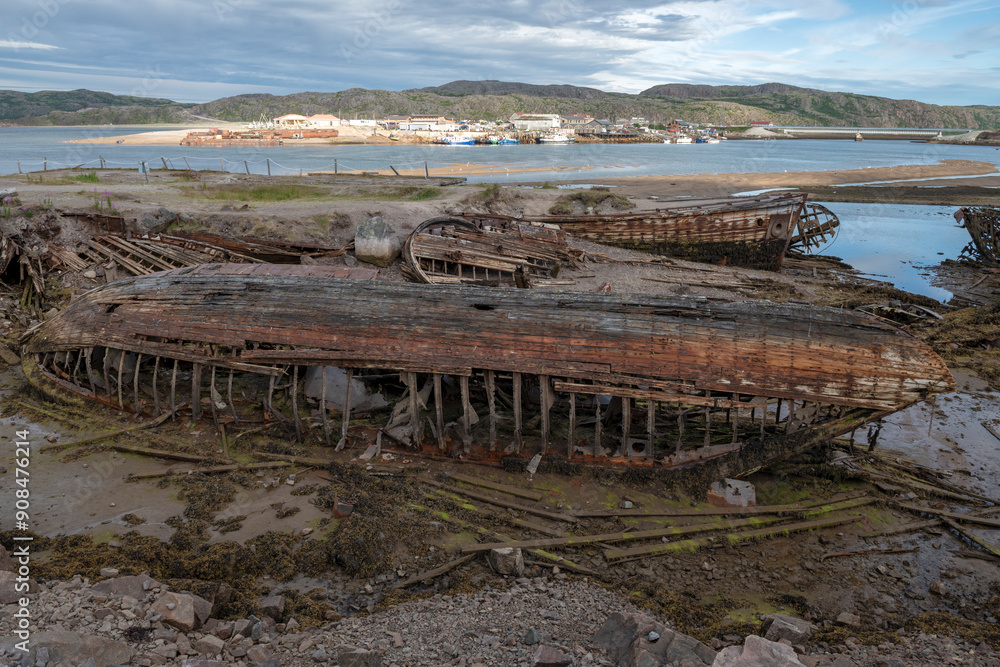 Cemetery of old ships in the Teriberka village. Murmansk region, Russia Cemetery of old ships in the Teriberka village. Murmansk region, Russia