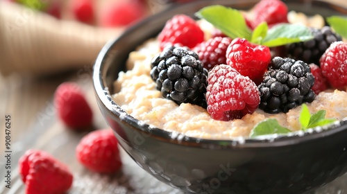 A bowl of oatmeal with fresh raspberries, blackberries and mint.