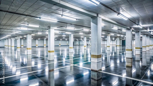 EMPTY PARKING GARAGE WITH WHITE COLUMNS AND FLOURESCENT LIGHTING REFLECTED IN SHINY FLOOR ON A QUIET WINTER DAY IN LA NUCIA, COSTA BLANCA, SPAIN. photo