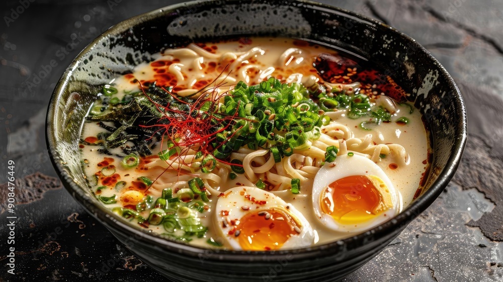 A delicious bowl of creamy ramen topped with soft boiled eggs, scallions, and chili flakes, perfect for noodle lovers. A delicious bowl of creamy ramen topped with soft boiled eggs, scallions, and chili flakes, perfect for noodle lovers.