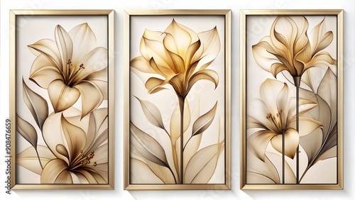Set of three vertical poster, abstract   smokey  lily floral shape art panels