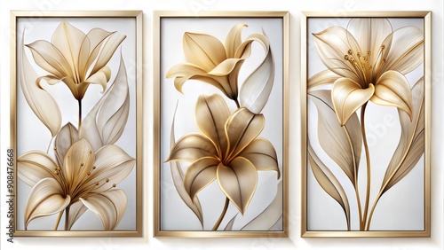 Set of three vertical poster, abstract   smokey  lily floral shape art panels