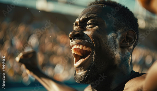 male athlete celebrating victory in the stadium, crossing the finish line first with a happy expression and a cheering crowd behind him photo