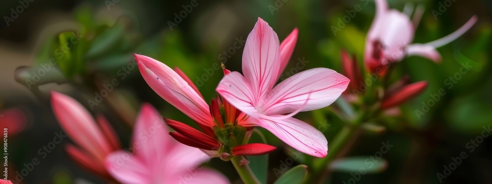 A tight shot of a pink bloom against a backdrop of green foliage, with a softly focused image in the front A tight shot of a pink bloom against a backdrop of green foliage, with a softly focused image in the front