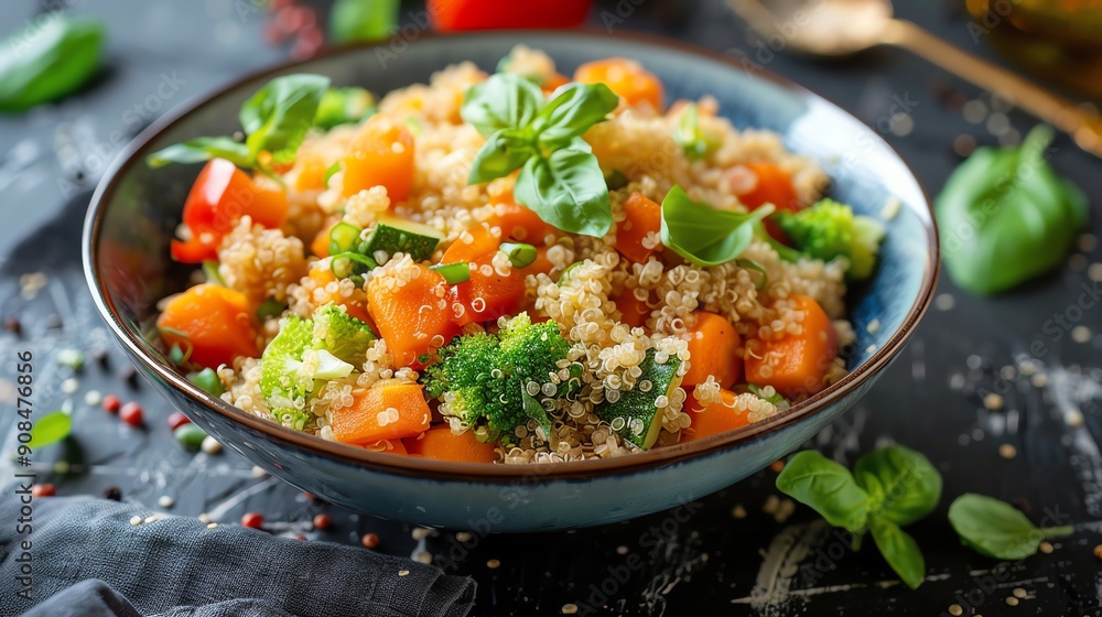 A bowl of quinoa with vegetables and basil. A bowl of quinoa with vegetables and basil.