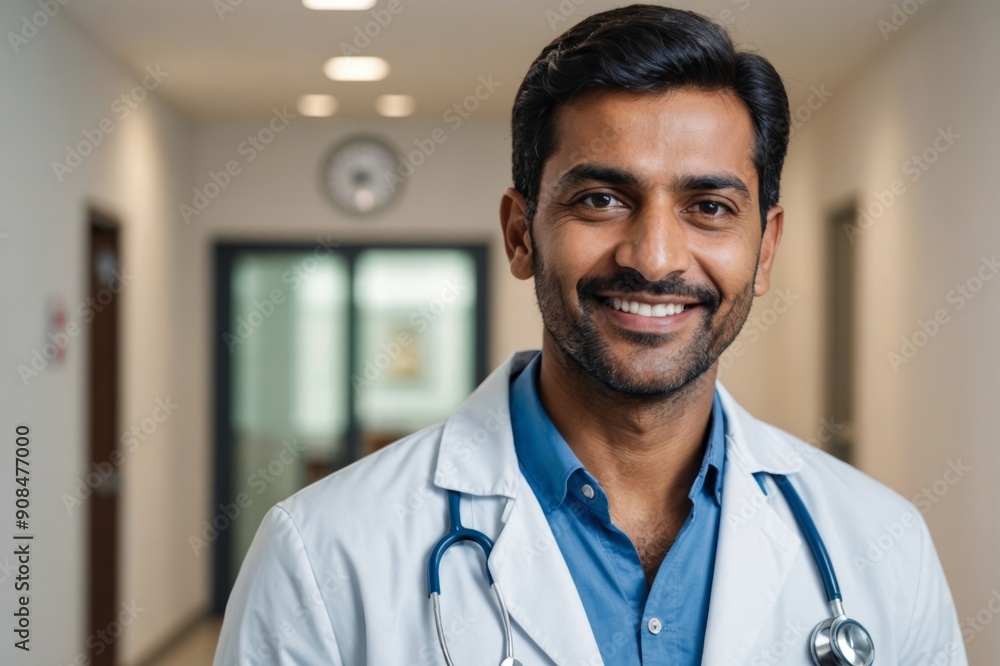 Portrait of happy friendly male Indian latin doctor medical worker wearing white coat with stethoscope around neck standing in modern private clinic looking at camera. Portrait of happy friendly male Indian latin doctor medical worker wearing white coat with stethoscope around neck standing in modern private clinic looking at camera.