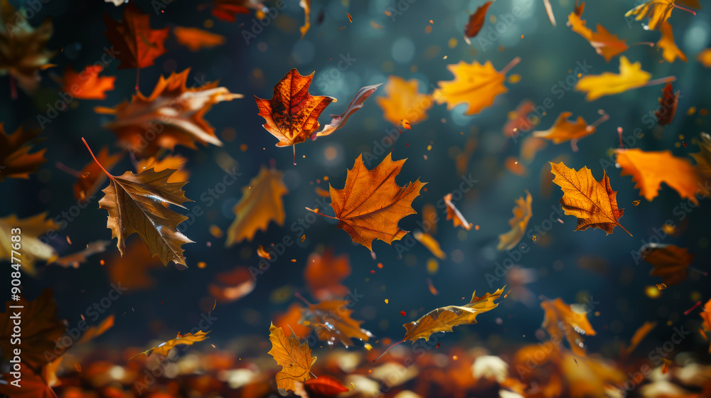 Amazing autumn background. Leaf fall. A beautiful autumn scene with maple leaves falling from the trees. The leaves are scattered all over the ground Amazing autumn background. Leaf fall. A beautiful autumn scene with maple leaves falling from the trees. The leaves are scattered all over the ground