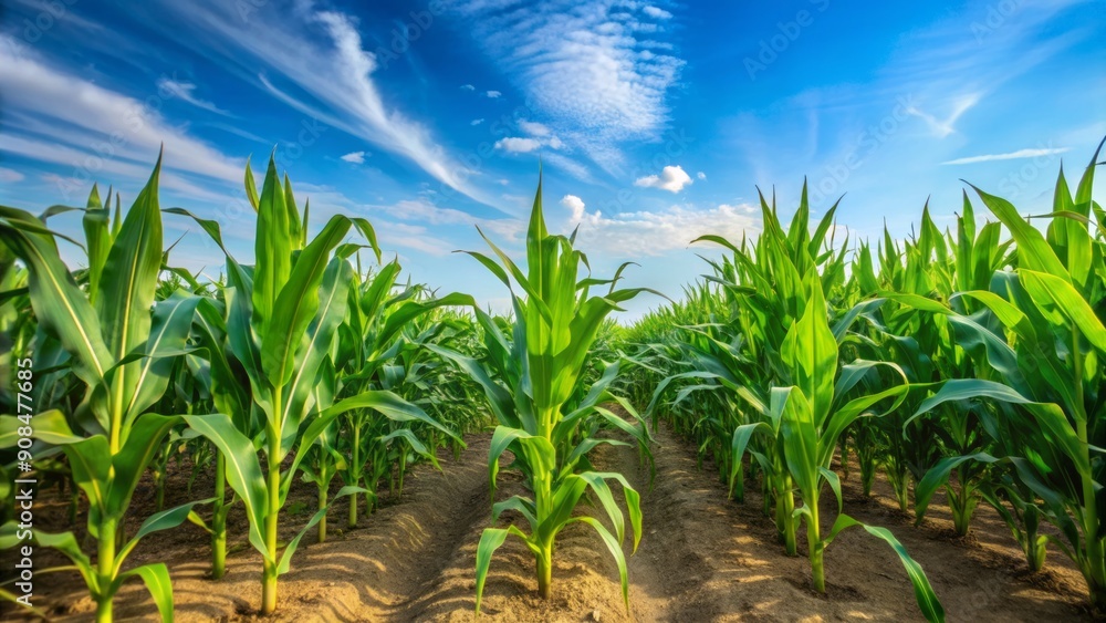 Vibrant green corn plants with natural leaves stretch towards the clear blue sky in a serene agricultural field in South Punjab, Pakistan. Vibrant green corn plants with natural leaves stretch towards the clear blue sky in a serene agricultural field in South Punjab, Pakistan.