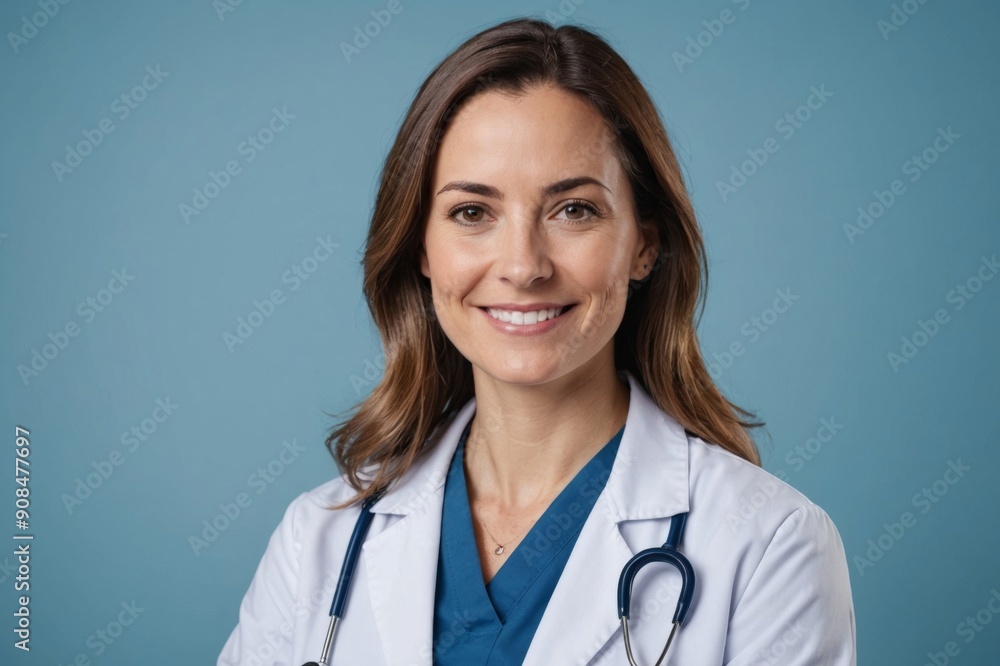Smiling female doctor in lab coat with arms crossed against blue background Smiling female doctor in lab coat with arms crossed against blue background