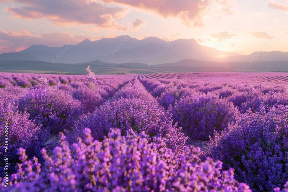 Fototapeta premium Lavender Field at Sunset in the Mountains