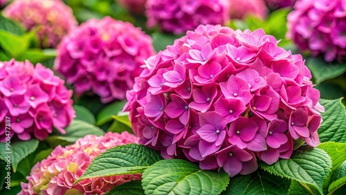 Vibrant pink Hydrangea macrophylla blossoms, also known as Hortensia flowers, bloom in abundance, showcasing delicate petals and lush green foliage in a serene natural setting.