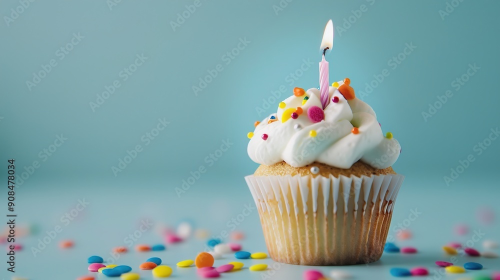 Vibrant Birthday Cupcake with Single Candle - Close-up of Festive Dessert with Sprinkles and Colorful Frosting Vibrant Birthday Cupcake with Single Candle - Close-up of Festive Dessert with Sprinkles and Colorful Frosting