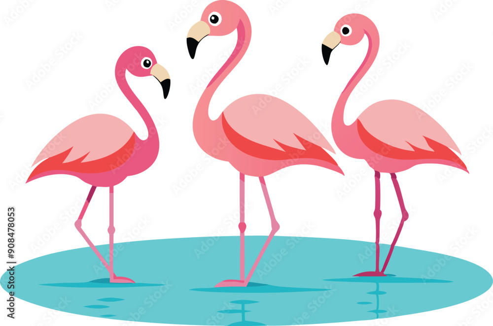 Obraz premium Three pink flamingos are elegantly standing together on a tranquil blue water surface.