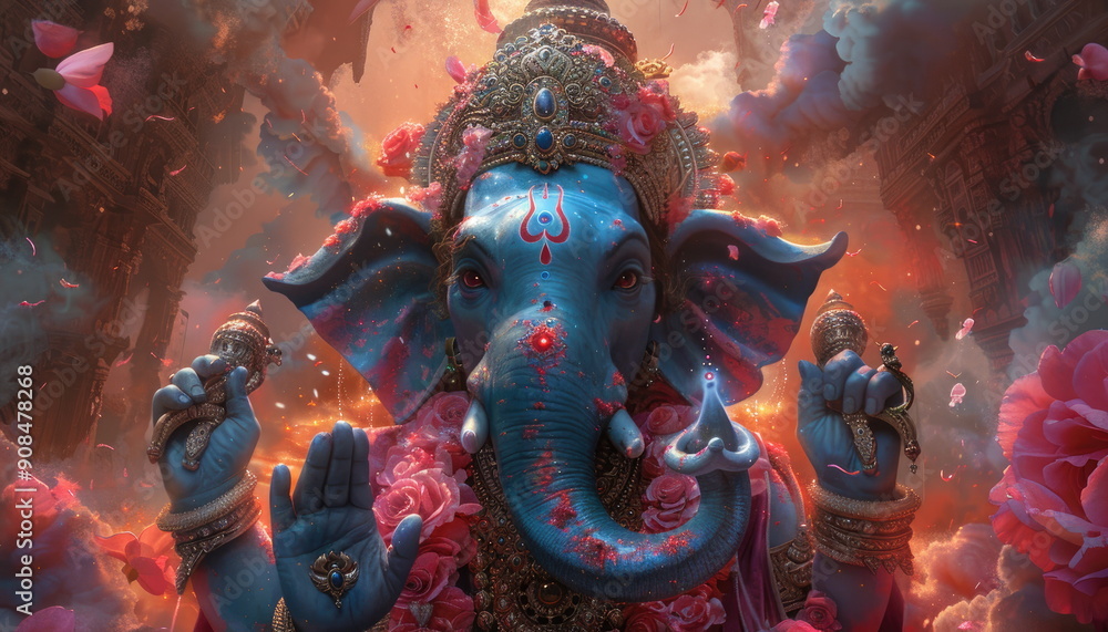 Fototapeta premium Blue Ganesha with Rose Petals and Smoke