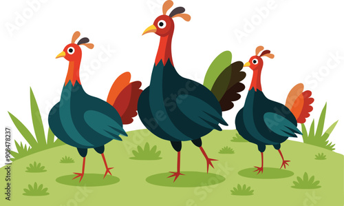 Three vibrant turkeys gather on lush grass under a clear blue sky depicting a peaceful rural setting.