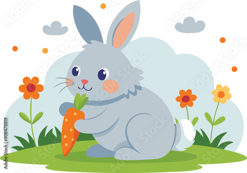 A cheerful gray rabbit happily munches on a carrot amidst vibrant flowers in a sunny garden setting.