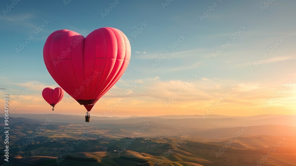 Obraz premium Love is in the Air: Heart-Shaped Hot Air Balloons Soaring over Romantic Landscape on Valentine's Day Adventure