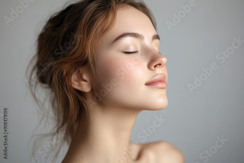 A close up of a girl's face with her eyes closed