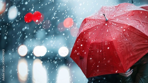 Romantic Rain Dance - Couple Dancing in the Rain with Heart-Shaped Umbrellas Bringing Valentine�s Day Joy photo