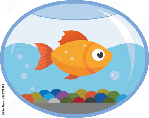 A vibrant goldfish glides through sparkling water in a round aquarium filled with colorful pebbles.