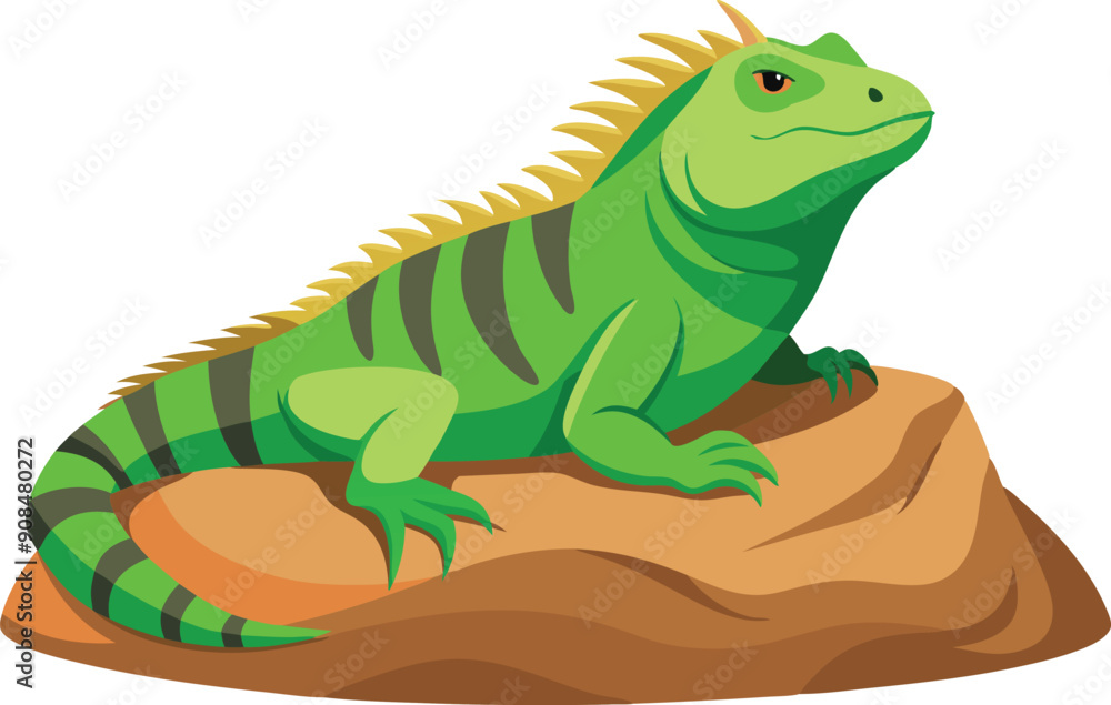A bright green iguana rests on a rock, showcasing its detailed scales and vibrant stripes in a sunny environment. A bright green iguana rests on a rock, showcasing its detailed scales and vibrant stripes in a sunny environment.