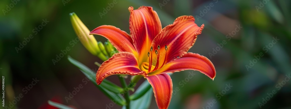 A red and yellow flower with green leaves in the background, foreground featuring a blurred image A red and yellow flower with green leaves in the background, foreground featuring a blurred image