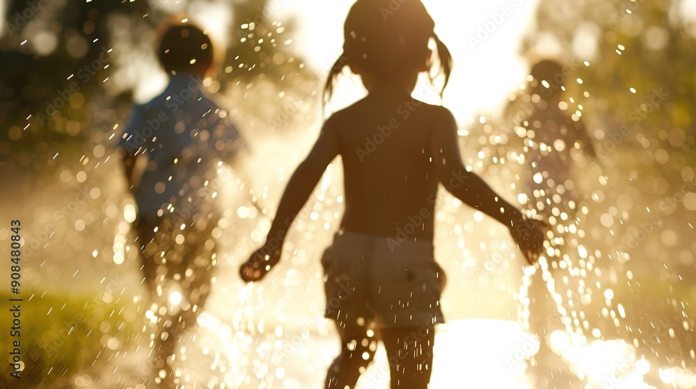 Joyful Kids Running Through Sprinklers in Sunlit Backyard - Summer Fun and Carefree Childhood Memories Joyful Kids Running Through Sprinklers in Sunlit Backyard - Summer Fun and Carefree Childhood Memories