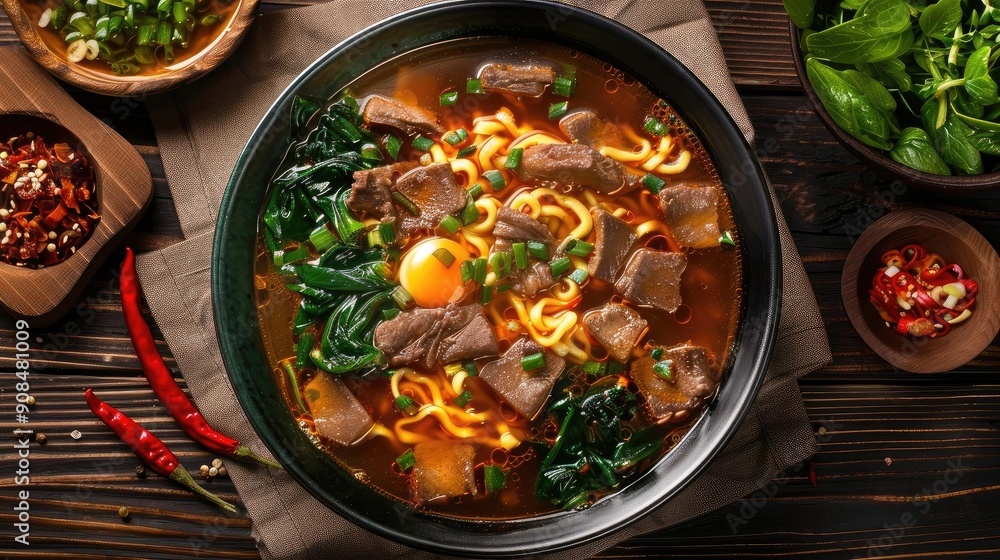 Delicious bowl of ramen with beef, egg, and fresh vegetables, garnished with herbs and chilies, perfect for a comforting meal. Delicious bowl of ramen with beef, egg, and fresh vegetables, garnished with herbs and chilies, perfect for a comforting meal.