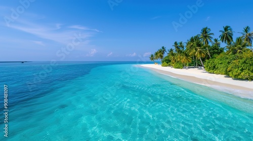 Tranquil Paradise: Aerial View of Tropical Island with Lush Palm Trees and Crystal Clear Blue Waters, Ideal Summer Escape Destination