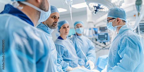 A team of surgeons in scrubs prepares to perform a surgery in an operating room. photo