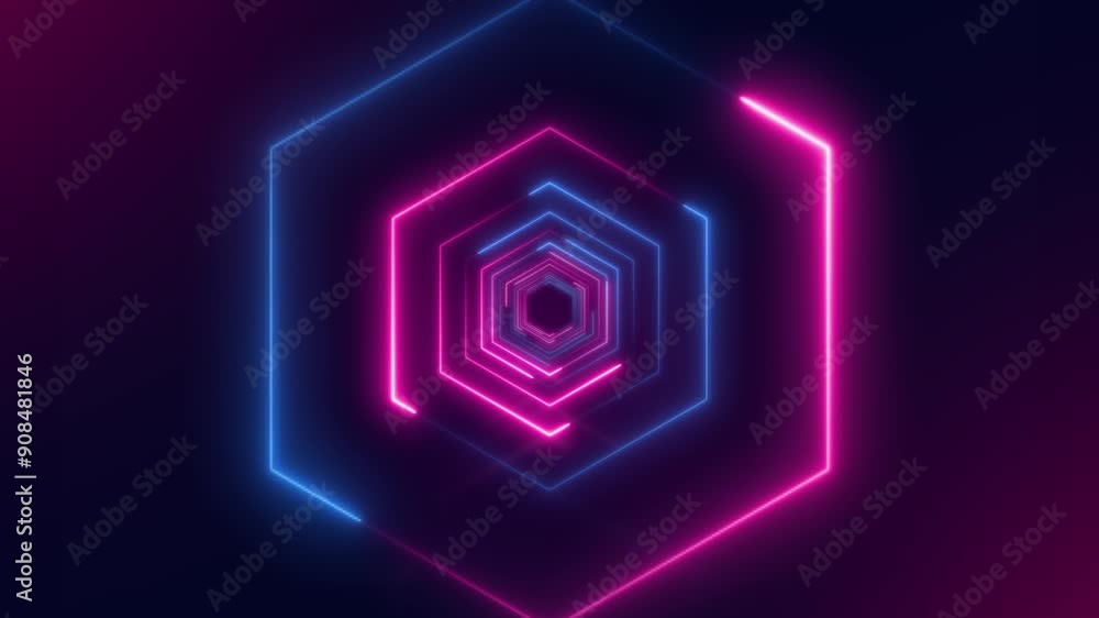 A glowing neon light hexagon tunnel with alternating blue and pink lights creates a mesmerizing and futuristic visual effect. Motion background 4K seamless loop A glowing neon light hexagon tunnel with alternating blue and pink lights creates a mesmerizing and futuristic visual effect. Motion background 4K seamless loop