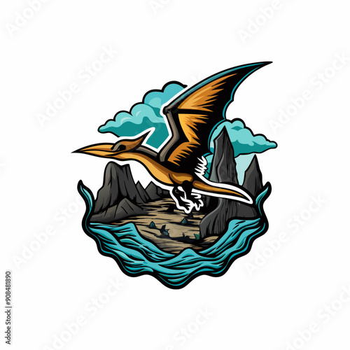 A dynamic illustration of a pterodactyl flying high in the sky, with vibrant colors and dramatic motion lines.