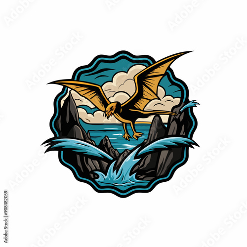 A dynamic illustration of a pterodactyl flying high in the sky.