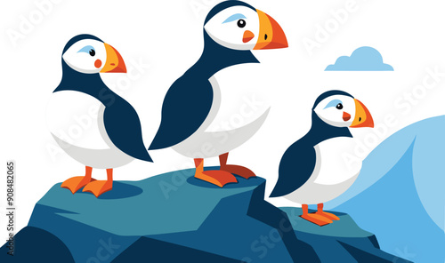 Three puffins perch on a rocky ledge beside the ocean, enjoying a clear day with a distant mountain backdrop.