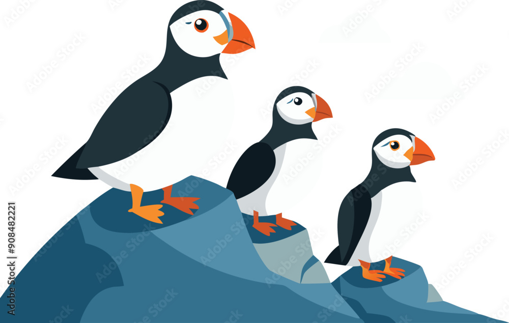 Naklejka premium Three puffins with vibrant beaks stand on rocky cliffs overlooking the ocean on a bright sunny day.