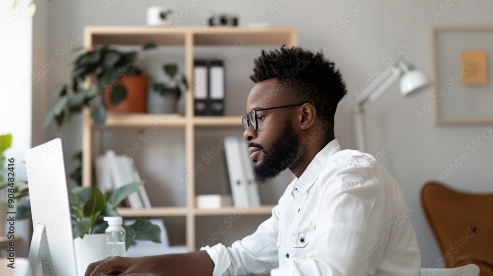 Successful Businessman Leading Virtual Meeting from Stylish Home Office with a Relaxed Atmosphere Successful Businessman Leading Virtual Meeting from Stylish Home Office with a Relaxed Atmosphere