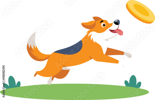 A playful dog chases a flying frisbee in a vibrant green park under clear skies.