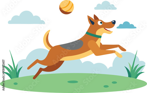 A playful dog energetically jumps to catch a ball in a vibrant park with blue skies and soft clouds.