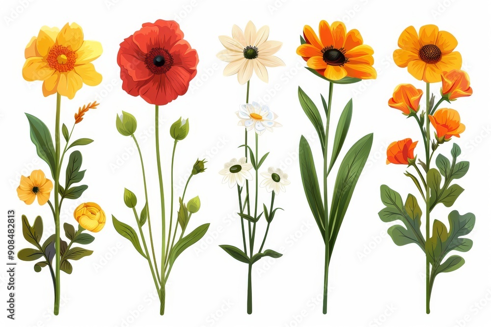Fototapeta premium Collection of 2D and 3D Vector Flat Abstract Minimalistic Art of Flowers and Meadow Isolated on a White Background