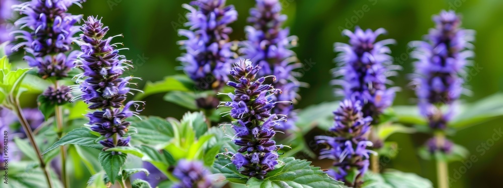 A foreground of purple flowers with green leaves, background blurred by green foliage A foreground of purple flowers with green leaves, background blurred by green foliage