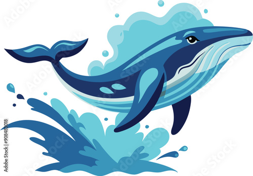 A vibrant whale leaps out of the ocean, creating splashes of water around it under a bright sky.