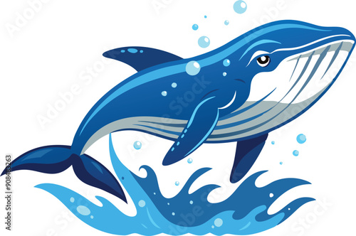 A blue whale swims among splashing waves, creating bubbles in the vibrant ocean environment.