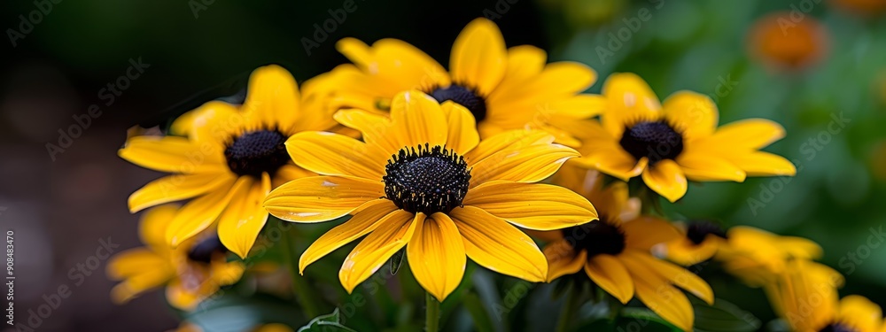 A tight shot of yellow blooms and adjacent green foliage, foregrounded; background softly blurred A tight shot of yellow blooms and adjacent green foliage, foregrounded; background softly blurred