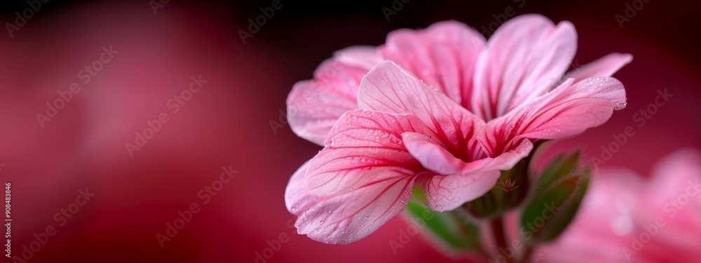 A tight shot of a pink bloom adorned with water beads on its petals, accompanied by a green stem against a backdrop of deep-seated red A tight shot of a pink bloom adorned with water beads on its petals, accompanied by a green stem against a backdrop of deep-seated red