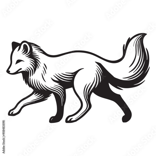 Fox Clipart, White Fox Outline Design,  A Trotting arctic fox. illustration in black and white