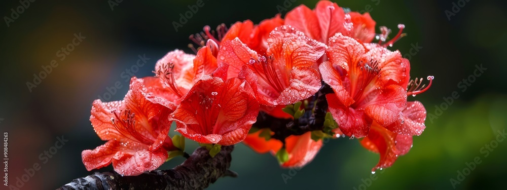 A red flower in focus, petals speckled with water droplets Background softly blurred A red flower in focus, petals speckled with water droplets Background softly blurred