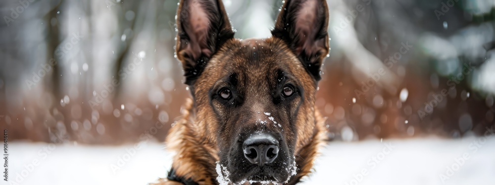 A tight shot of a dog's expression, snow covering the ground just inches away, trees looming behind A tight shot of a dog's expression, snow covering the ground just inches away, trees looming behind