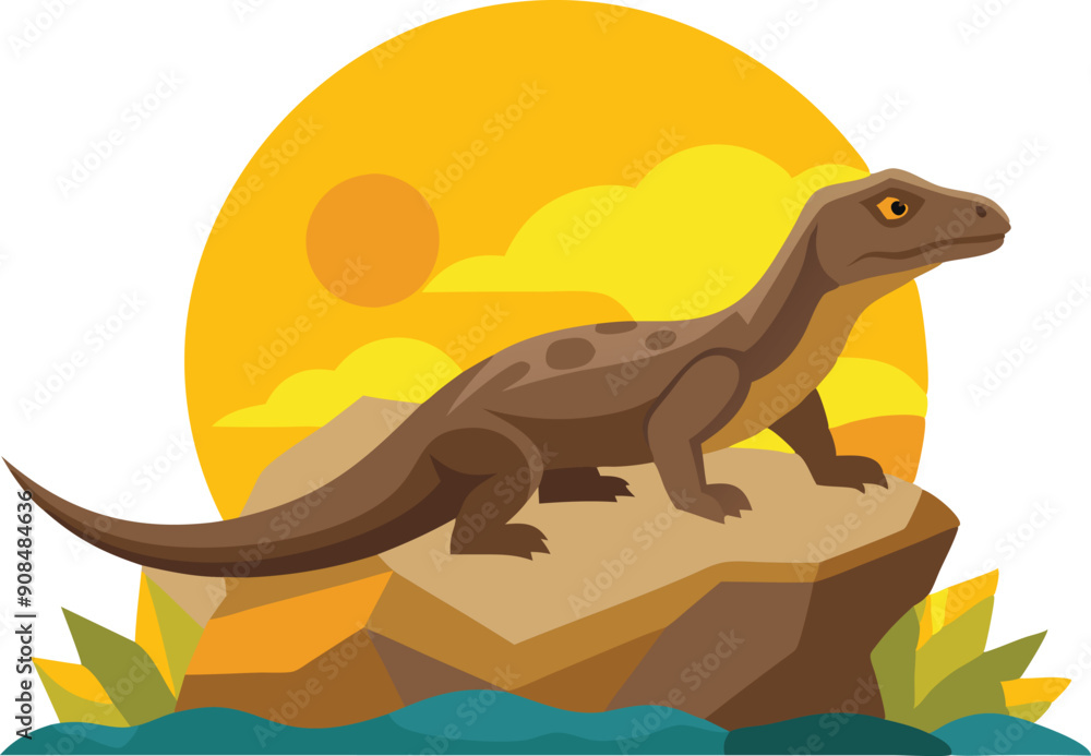 A lizard stands on a rock, illuminated by a vibrant sunset in a lush tropical environment. A lizard stands on a rock, illuminated by a vibrant sunset in a lush tropical environment.