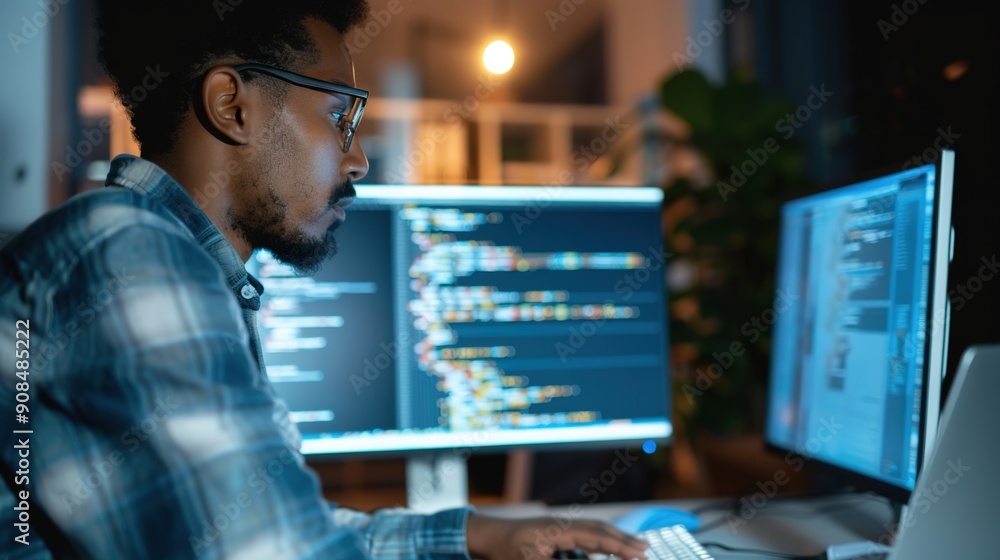 Modern Software Developer Writing Code in Minimalist Office Setting with Technology Vibe Modern Software Developer Writing Code in Minimalist Office Setting with Technology Vibe
